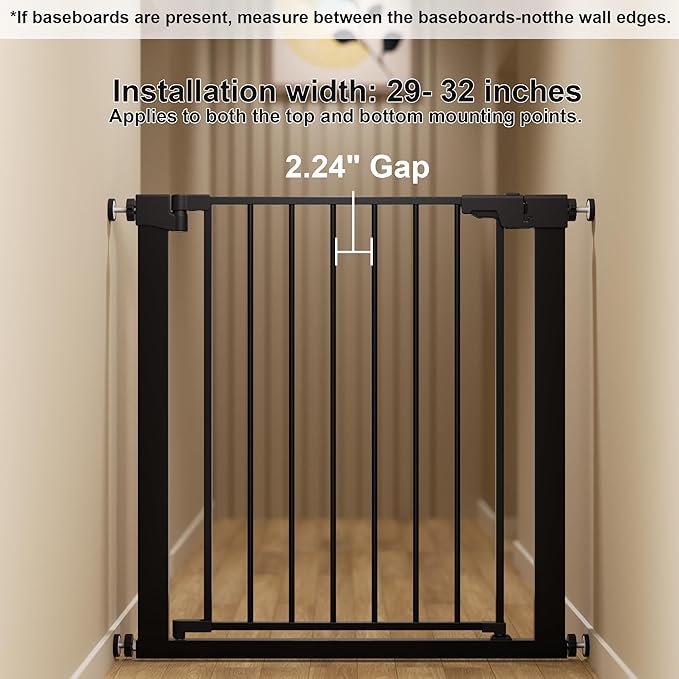 29-32 inches Metal Baby Gate for Stairs/Doorways, 30 inches Tall Pressure Mounted Pet Gates, Auto-Close Child Safety Gate, No Drilling Easy Walk-Through Dog Gate Indoor, Black