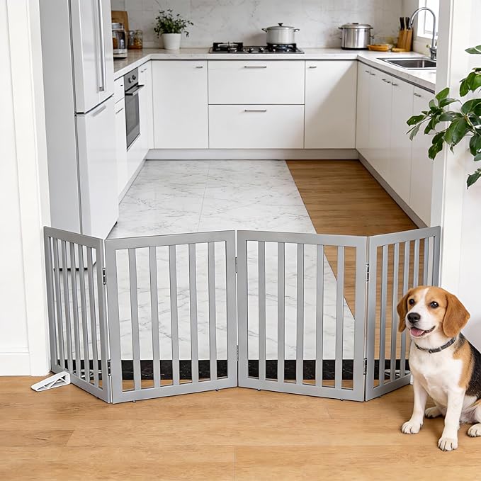 Dog Gate Indoor, Freestanding Dog Fence for The House, Doorways, Hallways,or Stairs,Pet Gate Foldable Wooden,Expandable 24" Height 4 Panels,Grey