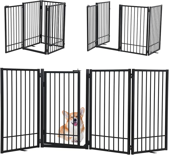SMONTER Free Standing Dog Gate with Door Walk Through, 80.5'' Extra Wide Indoor Dog Fence, 31.5'' Height 4 Panels Foldable Metal Pet Puppy Gate for Stairs, Hallways, Doorway