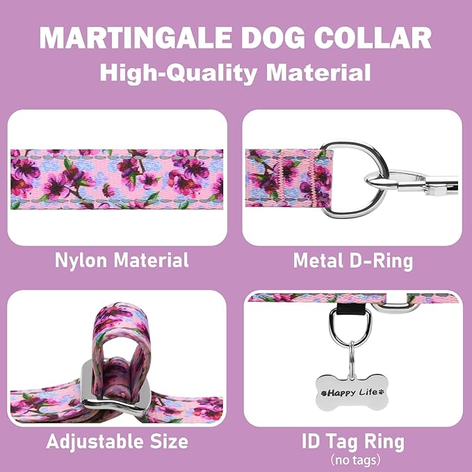 Reflective Martingale Collar for Dogs Nylon Training Collar with No Buckle Cute Floral No Pull Dog Collar for Medium Dogs（Purple Flower，M）