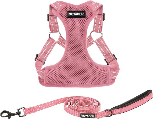 Best Pet Supplies Voyager Adjustable Step-in Flex Breathable Mesh Dog Harness for Small Medium Large Dogs Leash Set (Pink), L