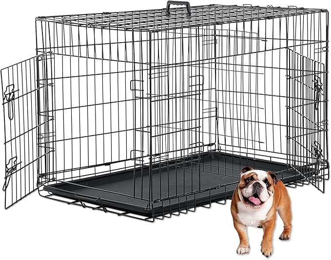 HCY, Dog Crate, Dog Kennel 48 Inch Double Door Metal Crate Foldable Puppy Supplies Cage with Divider Panel, Handle, Plastic Tray for Pet Animals Outdoor Indoor (48 Inch) ,Black, 48In