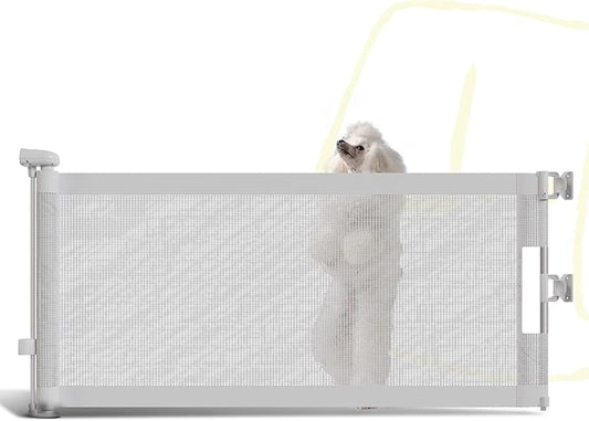 15.7" H Mesh Short Dog Gate, Extends Up to 59" W Retractable Pet Gate with Drill Installation, Small Dog Gate for Stairs, Easy Step Over Low Puppy Gate for Doorways Indoor Outdoor, White