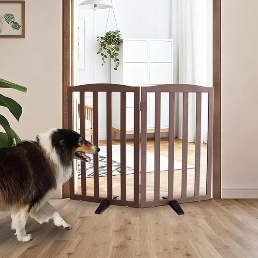 Freestanding Dog Gate Indoor,Doggie Gate Foldable Pet Gates for Doorways,Stairs or Hallways, Wooden Brown Pet Gate for the House, Pet Fence with Support Feet Included,32 "Height-2 Panels