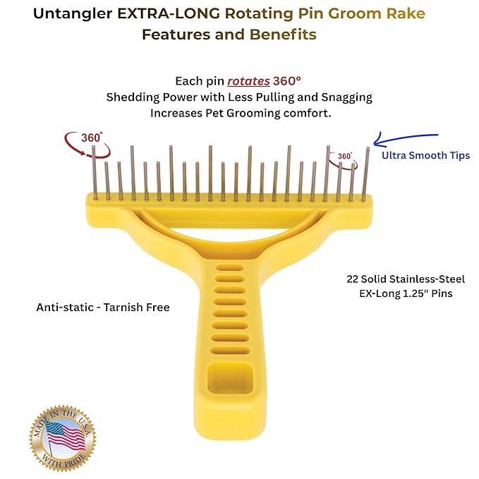 The Untangler Rakes for Grooming and Shedding -silky smooth rotating teeth to easily collect loose hair (Yellow, Shedding)