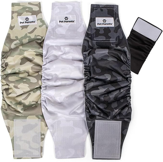 Pet Parents® Washable Belly Bands for Male Dogs (3pack) + Extendrs® of Durable Dog Diapers Male, Premium Male Dog Diapers & Dog Wraps (Large, Camo)