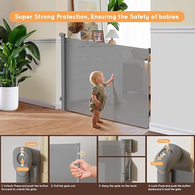 Retractable Baby Gate, 38" Extra Tall Mesh Dog Gate with Auto-Tension Design, 71" Wide One-Hand Operation Doorway Gates for Pets & Babies, No Bottom Rail Safety Gate for Hallways, Gray