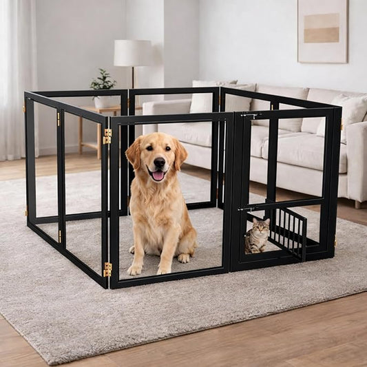 Acrylic Dog Playpen with Door, 27.5“ Height, Heavy Duty Clear Pet Pen, Dog Fence Crate Kennel Whelping Cage, Ideal for Small to Medium Dogs, Cats, and Other Small Pets (Black)