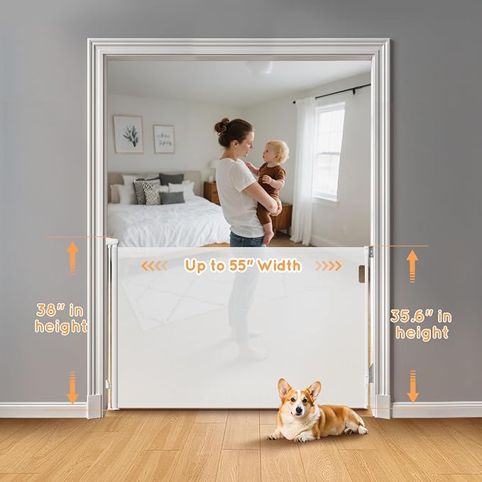 Retractable Baby Gate, 38" Extra Tall Mesh Baby Gate with Auto-Tension Design, 55" Wide One-Hand Operation Dog Gates for Doorways and Hallways, Safety Gate for Babies and Pets, White