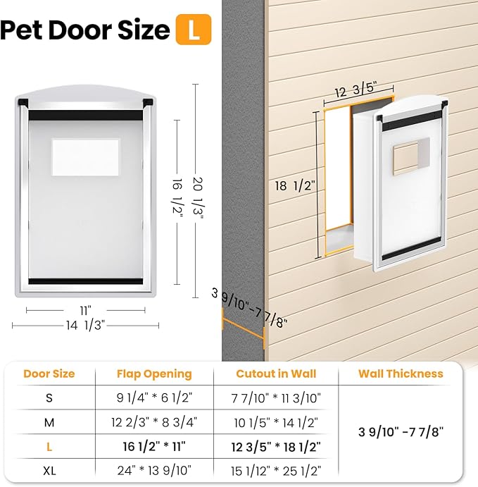 Dog Door for Wall, Steel Dog Door with Telescoping Tunnel, Weatherproof Pet Door with Two Sliding Lock Panels and Magnetic Flaps, Easy to Install, White, Large