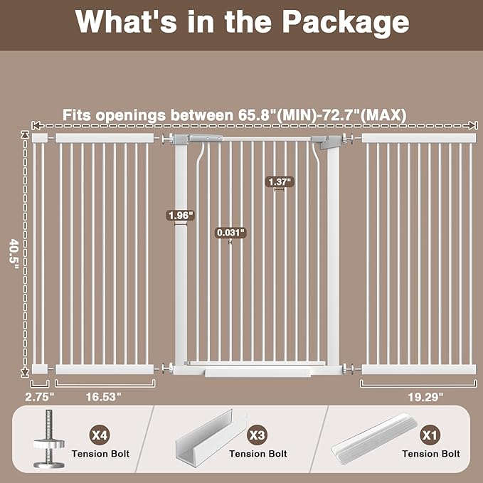41" Extra Tall Baby Gate for Doorways and Stairs No Drill, Adjustable 65.8-72.2" Auto Close Dog Gate Indoor, Pressure Mounted Walk Through Swing Wide Pet Gate, Tall Cat Gate with Expansion Kit, White