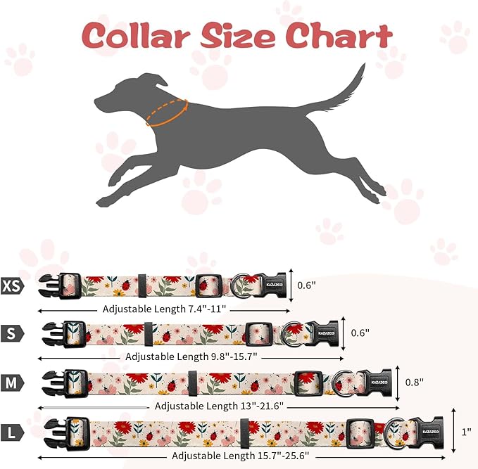 Kazazoo Dog Collar Cute and Soft Nylon Puppy Collar for Boy and Girl, Adjustable Dog Collars for Small Medium Dogs, Ladybugs and Flowers-S