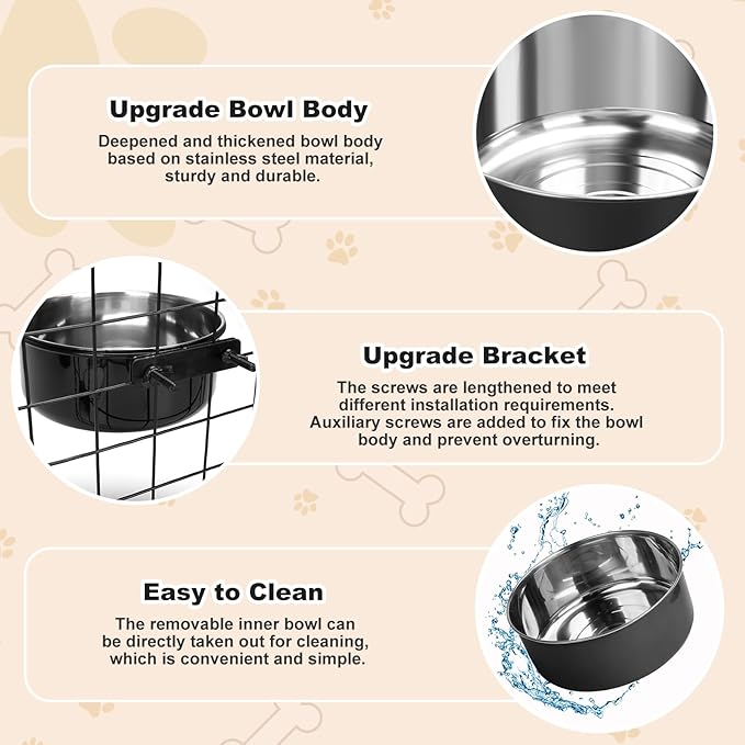 Crate Dog Bowls, Removable Stainless Steel Dog Bowl for Food and Water, Pet Kennel Hanging Food Water Feeder Bowls for Small/Medium/Large Dogs and Cats (7.1"x3.7" & 6.3"*2.6", Dark Black)