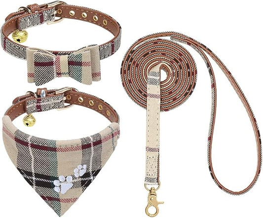 EXPAWLORER Puppy Collar and Leash Set - Embroidered Pawprints Plaid With Bow Tie, Bandana, and Bell for Dogs Cats Outdoor Walking, Beige XS