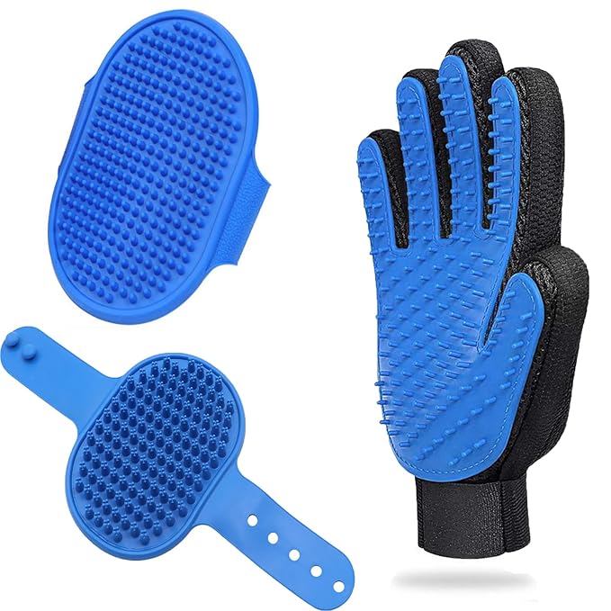 Dog Washing Gloves Brush for Pet 3PCS Dogs Shedding Wash Massage Gloves Grooming for Short Long Haired Dogs Cats (Dark Blue)