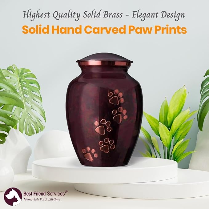 Ottillie Paws Legacy Series Pet Urn for Dogs, Handmade Brass Memorial Cremation Urn (X-Large - Pets up to 170 lbs, Raku, Vertical Brass Paws)