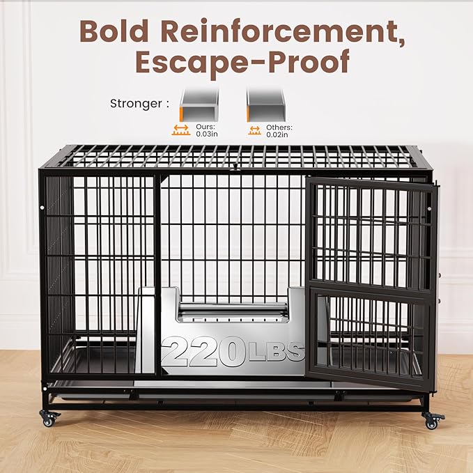 Gardner Pet 43 inch Stackable Heavy Duty Dog Crate,Indestructible Escape-Proof Dog Kennel for Medium Dogs,High Anxiety Dog Cage with Upgraded Lockable Wheels，Removable Tray & Triple Door,Black