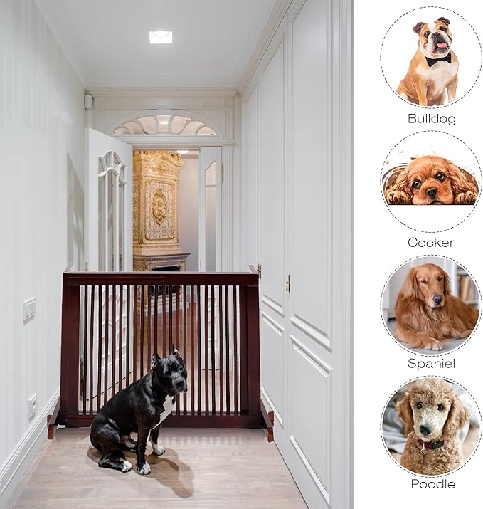 PETSITE 28"-80" Adjustable Wooden Pet Dog Gate, Freestanding Step Over Fence for Corridor Doorway Stairs