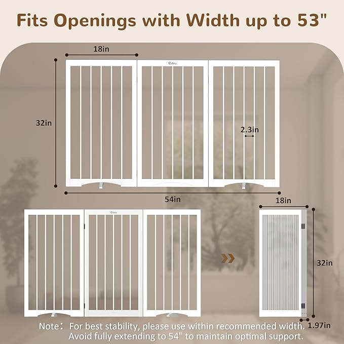 32" Extra Tall Freestanding Dog Gate, Foldable Pet Gate for Doorways Stairs Hallways, 3-Panel Dog Fence with Support Feet for Stability, Folding Puppy Gate Easy to Carry No Drilling 54"x32"