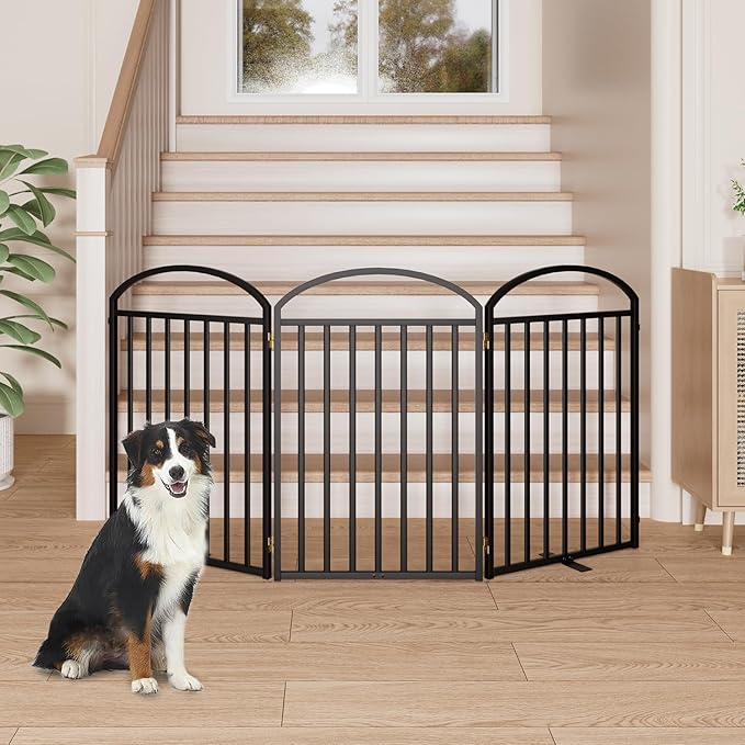 3 Panels Full Matel Freestanding Dog Gates, 72" Extra Wide 32" Tall Free Standing Dog Pet Gate for Indoor & Outdoor. Foldable Pet Fences for Doorways, House, Stairs, Porch, Deck, Yard