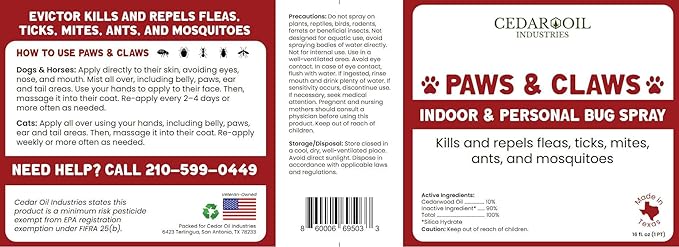 Paws and Claws Pet Spray - Natural Flea and Tick Repellent with Cedar Oil - Effective and Safe Pest Control for Dogs and Cats, Helps Repels Fleas, Ticks, & Mites, Pet Friendly & Easy to Use - 16oz