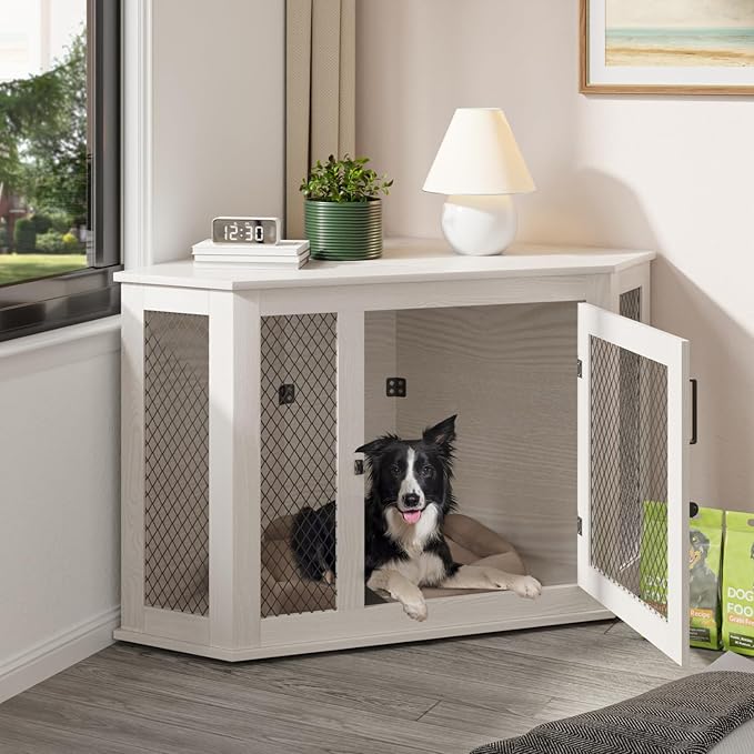 PUKAMI 52 inch Corner Dog Crate Furniture,Wooden Dog Kennel Furniture with Mesh,Decorative Wood Dog House for Small/Medium/Large Dog,Perfect for Indoor Limited Room