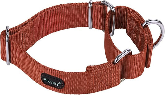 Mikivery Martingale Dog Collar Nylon Adjustable and Safety Training Colourful Comfortable Metal Buckle Pet Collars for Small Medium and Large Dogs(Brick Red,M)