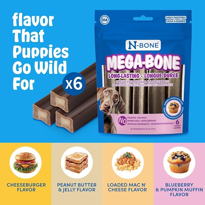 N-Bone Mega-Bone Long-Lasting Dog Chews, Blueberry Pumpkin Muffin Flavor, 6count, 16.8oz