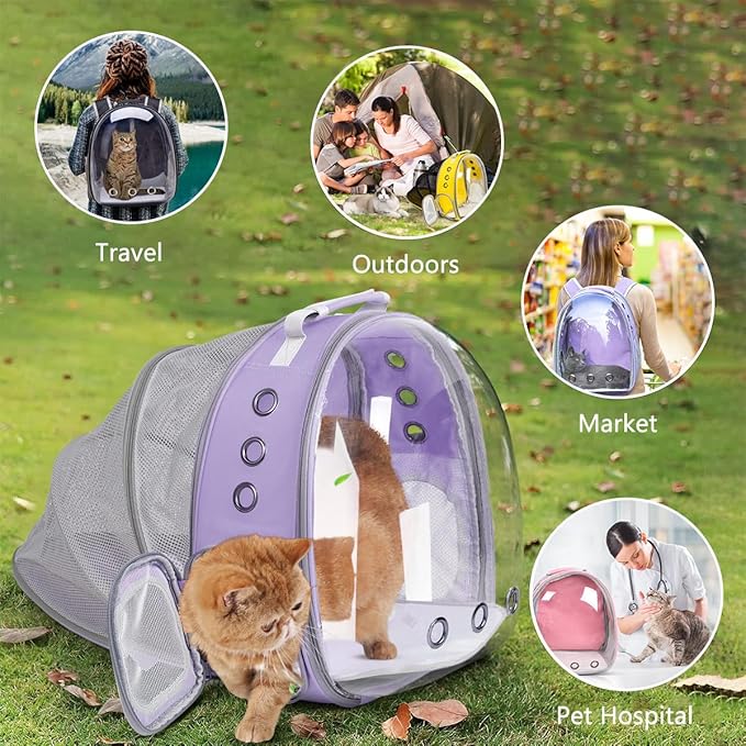 Pet Carrier Backpack Expandable for Cats and Small Dogs, Breathable Anti-Collapse Design, Airline Approved Travel Backpack for Hiking and Outdoor Use (Back Expandable-Purple)