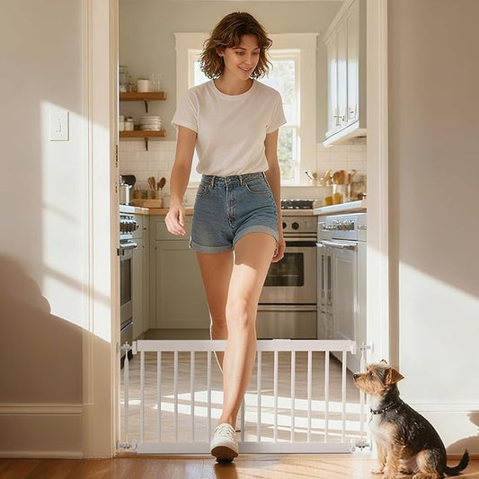 Short Dog Gate,18"-45" Adjustable Extra Wide Metal Short Dog Gate to Step Over, 18" Tall Small Pet Gate with 3 Extension Kits