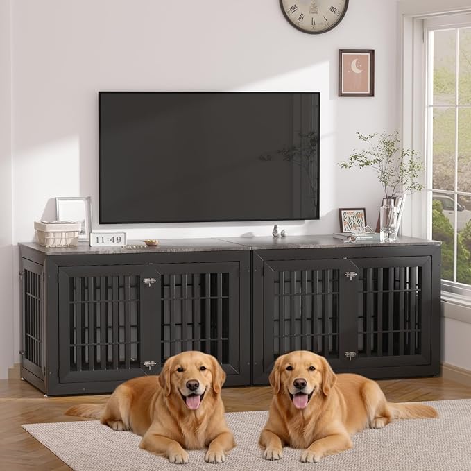 48" Heavy Duty Dog Crate Furniture for Small,Medium and Large Dogs,Rustic Wooden Dog Cage Kennel Indoor Furniture with Waterproof Top,Decorative Pet House Side End Table (Black & Grey)