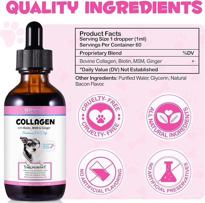 Collagen for Dogs, Dog Collagen Liquid Drops with Biotin, MSM & Ginger Digestive & Immunity Support, Itch Relief, Skin & Coat and Joint Health, Dog Supplement 60ml ﻿