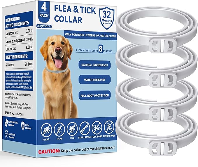 Flea and Tick Collar for Dogs, 4 Packs Flea Collar for Dogs with Natural Essential Oils, Waterproof & Adjustable Flea and Tick Prevention Collar for Small Medium Large Dogs & Puppies, Grey