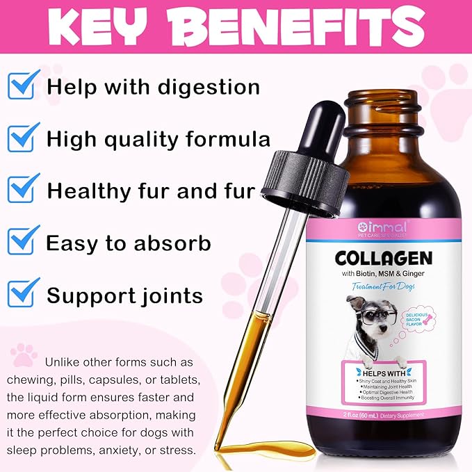 Collagen for Dogs, Dog Collagen Liquid Drops with Biotin, MSM & Ginger Digestive & Immunity Support, Itch Relief, Skin & Coat and Joint Health, Dog Supplement 60ml-2pcs