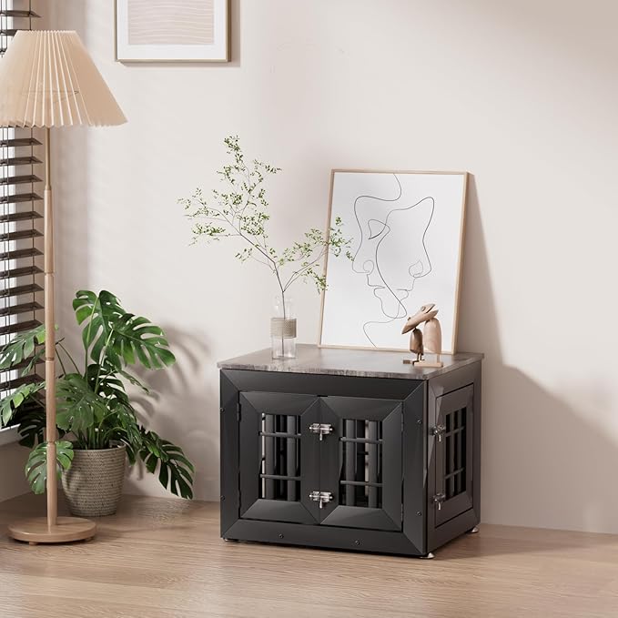 26" Heavy Duty Dog Crate Furniture for Small,Medium and Large Dogs,Rustic Wooden Dog Cage Kennel Indoor Furniture with Waterproof Top,Decorative Pet House Side End Table (Black & Grey)