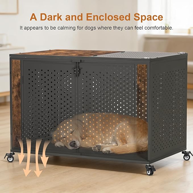 48" Heavy Duty Dog Crate Furniture for Extra Large Dogs, Enclosed Design with 0.5 inch Holes, Indestructible Metal Kennel for High Anxiety Dogs, Chew Proof Pet Cage House Indoor, Brown