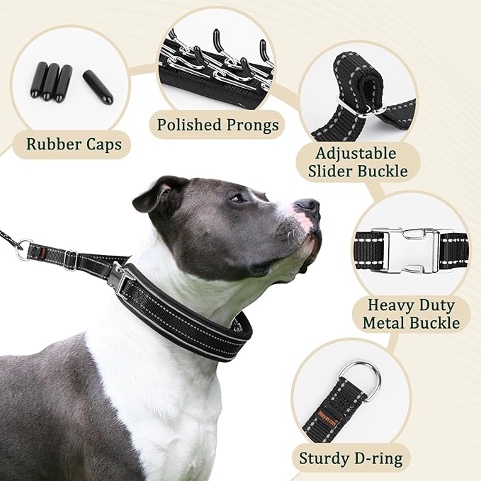 Mayerzon Prong Collar for Large Medium Dogs, Patented Reflective Pinch Collar with Metal Buckle, No Pull Adjustable Hidden Covered Dog Walking Training for Pitbull German Shepherd Doberman(Black, L)