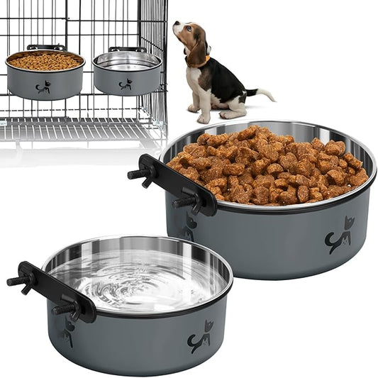 Dog Crate Bowls Hanging No Spill, Set of 2 Dog Crate Water Bowl, Kennel Bowls Mountable, Stainless Steel Pet Cage Accessories Feeder Water Food Dish Coop Cup for Cat Puppy Bunny Guinea Pig Ferret