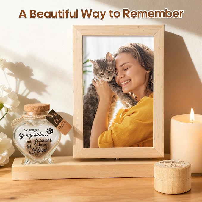 Dog Memorial Gifts for Loss of Dog – Rotating Wooden 4x6 Picture Frame with Fur Keepsake Jar & Writable Name Card, Pet Remembrance Sympathy Gift for Dog & Cat Lovers (Natural Wood)
