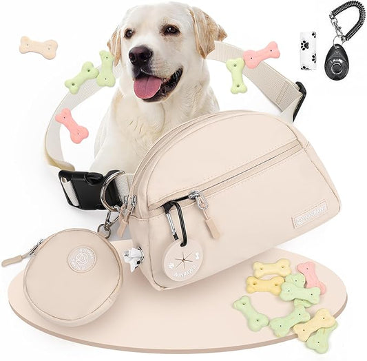 Dog Treat Pouch Pet Training Walking Fanny Pack with Built-in Poop Bag Dispenser & Waste Bag Holder | Stylish Puppy Training Essentials Supplies | Free Dog Clicker (Cream)
