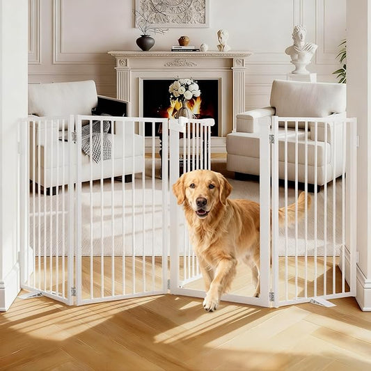 Snagle Paw Metal Freestanding Dog Gate with Door,80” W x 36” H Dog Fence with Support Feet for Doorways, Stairs and Hallways, Portable Pet Gate for Indoor Use (4 Panel, White)