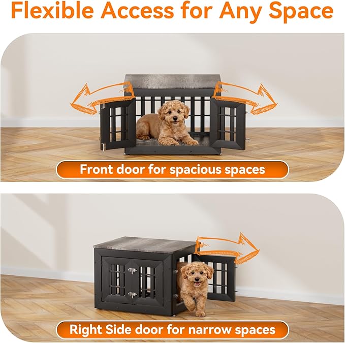 26" Heavy Duty Dog Crate Furniture for Small,Medium and Large Dogs,Rustic Wooden Dog Cage Kennel Indoor Furniture with Waterproof Top,Decorative Pet House Side End Table (Black & Grey)