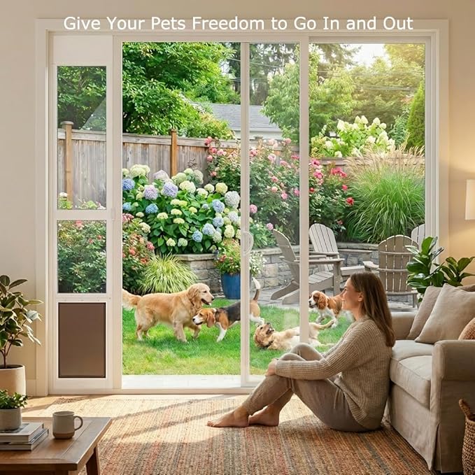 Dog Door for Sliding Glass Door, Adjustable Height 75 3/5" to 80", Aluminum Frame Sliding Glass Pet Door, Suitable for Medium Dogs Up to 30 lbs(Medium,White)