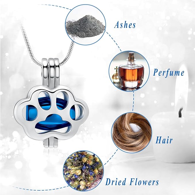 Pet Cremation Jewelry for Ashes Paw Memorial Locket Urn Necklace Keepsake Cremation Jewelry for Dog/Cat (Silver-Blue)