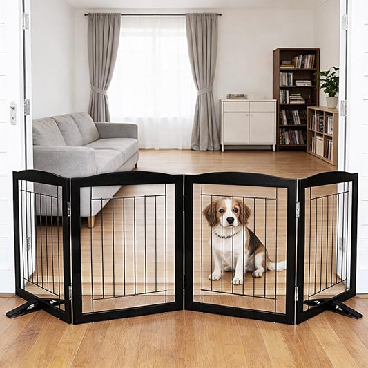 Dog Fence Indoor,Dog Gate Indoor for Doorway pet gate -4-Panel Freestanding, Hallways, House or Stairs -80x24-Inch Retractable Foldable Expandable Wood Pet by SFJC (Black) ﻿