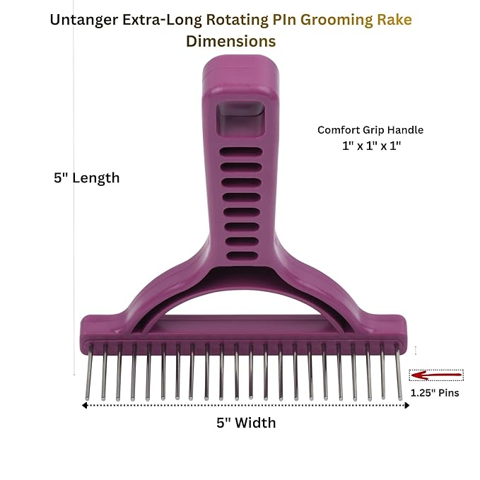 The Untangler Rakes for Grooming and Shedding -silky smooth rotating teeth to easily collect loose hair (Purple, Extra-Long)
