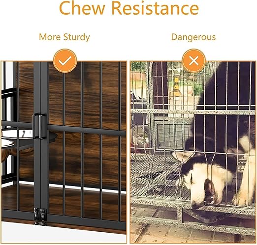 41 Inch Furniture Style Large Dog Crate with 360° & Adjustable Raised Feeder for Dogs 2 Stainless Steel Bowls -End Table House Pad, Indoor Use Brown