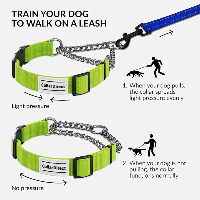 CollarDirect Martingale Dog Collar with Stainless Steel Chain and Quick Release Buckle - Reflective Collar for Large, Medium, Small Dogs - Lime Green, Medium (Neck Size 14"-17")