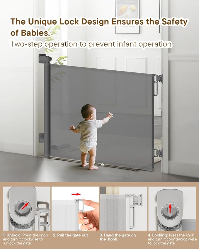 Retractable Baby Gates | 55" Wide x 34" Tall Dog Gates | One-Hand Operation | Baby Gates for Stairs, Doorways, Deck, Porch, Hallways, Patio - Gray