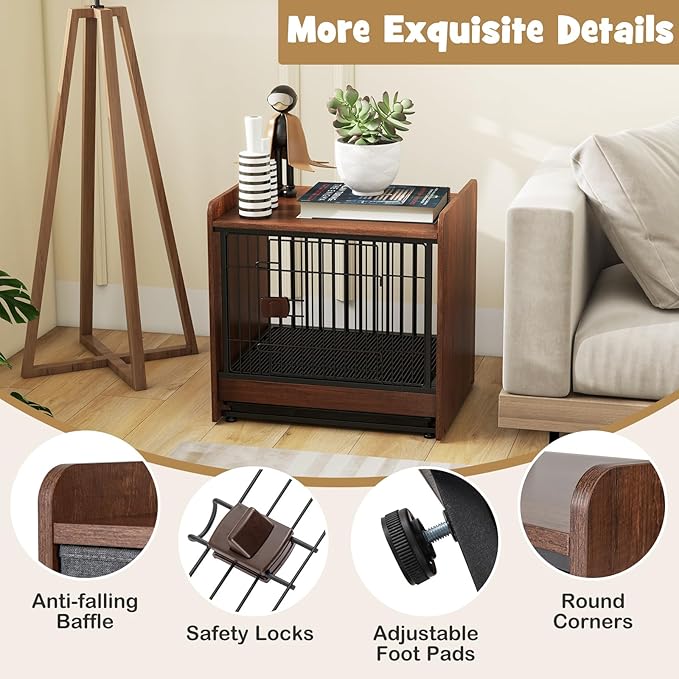 PETSITE Dog Crate Furniture, Industrial Style Dog Crate with Lockable Door, Removable Tray, Adjustable Foot Pads, Indoor Dog Kennel Side Table for Small and Medium Sized Dogs, 24.5 x 19.5 x 24 in